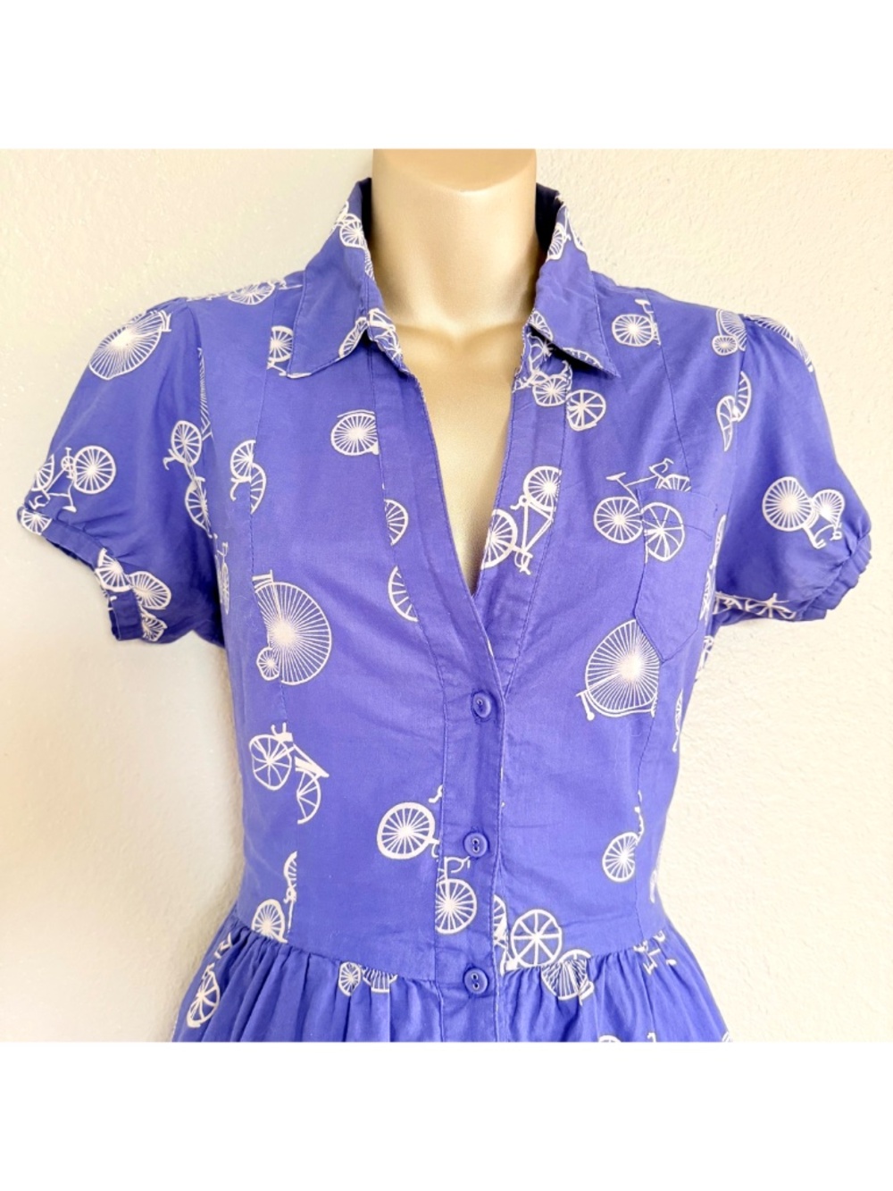 Porridge Cottagecore Twee Retro Blue Bicycle Print Cotton Day Dress Pockets Sz 6 - Picture 3 of 17